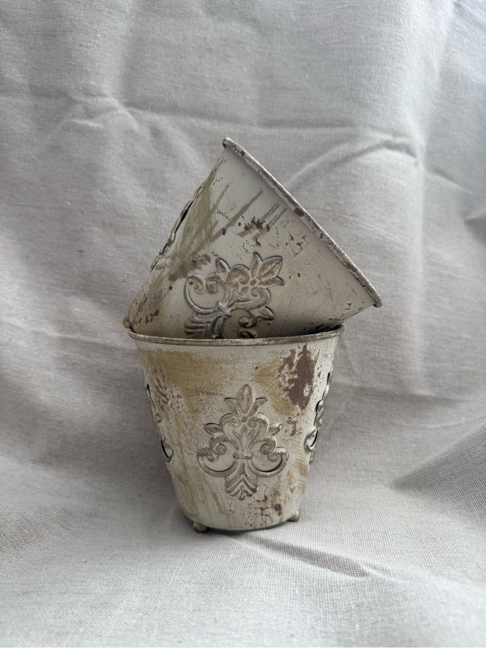 Decorative Cream Floral Embossed Metal Planter - Brand